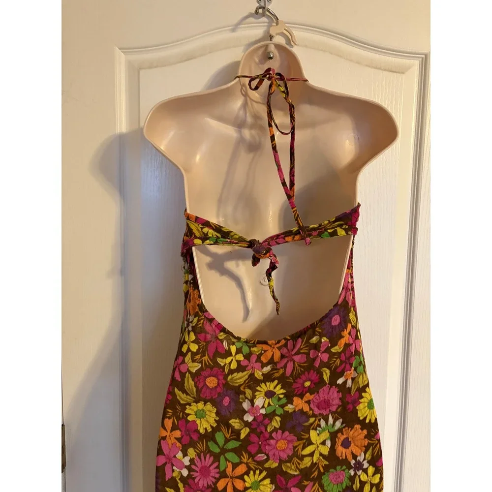 Free People Floral Halter Maxi Dress Brown Linen Blend O-Ring‎ Open Back Size 6